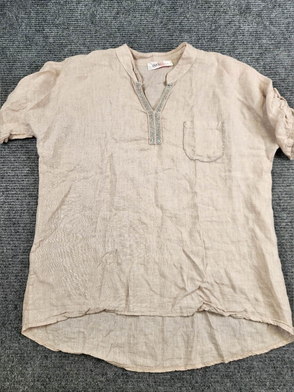 Amorosa 100% Linen Lagenlook Boho Women Blouse Top Size Large Metallic Detail